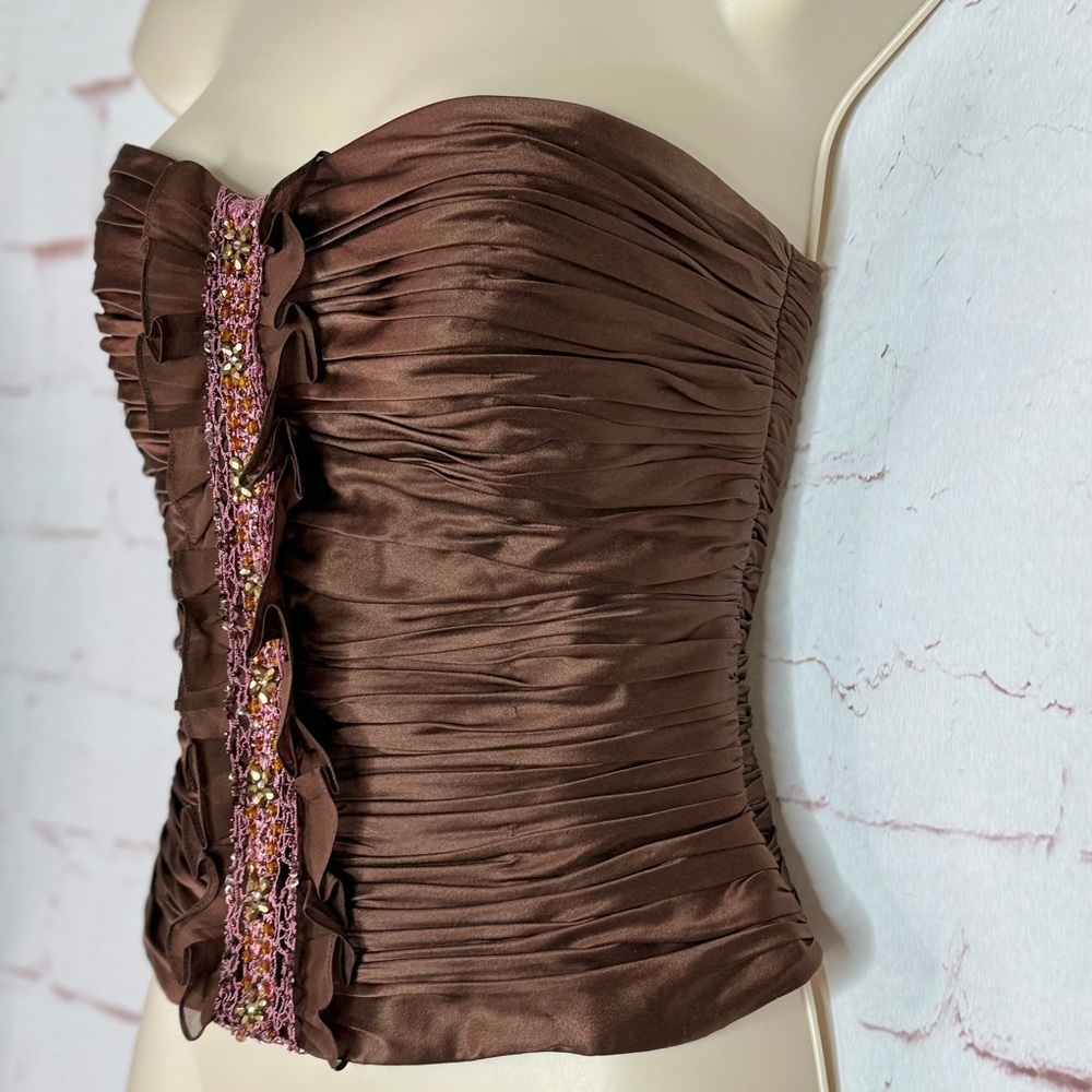 KAY UNGER Brown Ruched 100% Silk Bustier Corset Embellished Ruffle Size 4 - Picture 3 of 16